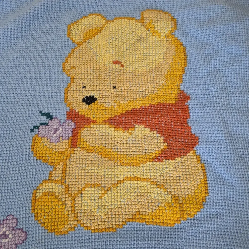 Vintage Crochet Winnie The Pooh Baby Blanket Handmade Y2K 90s Floral Purple Blue